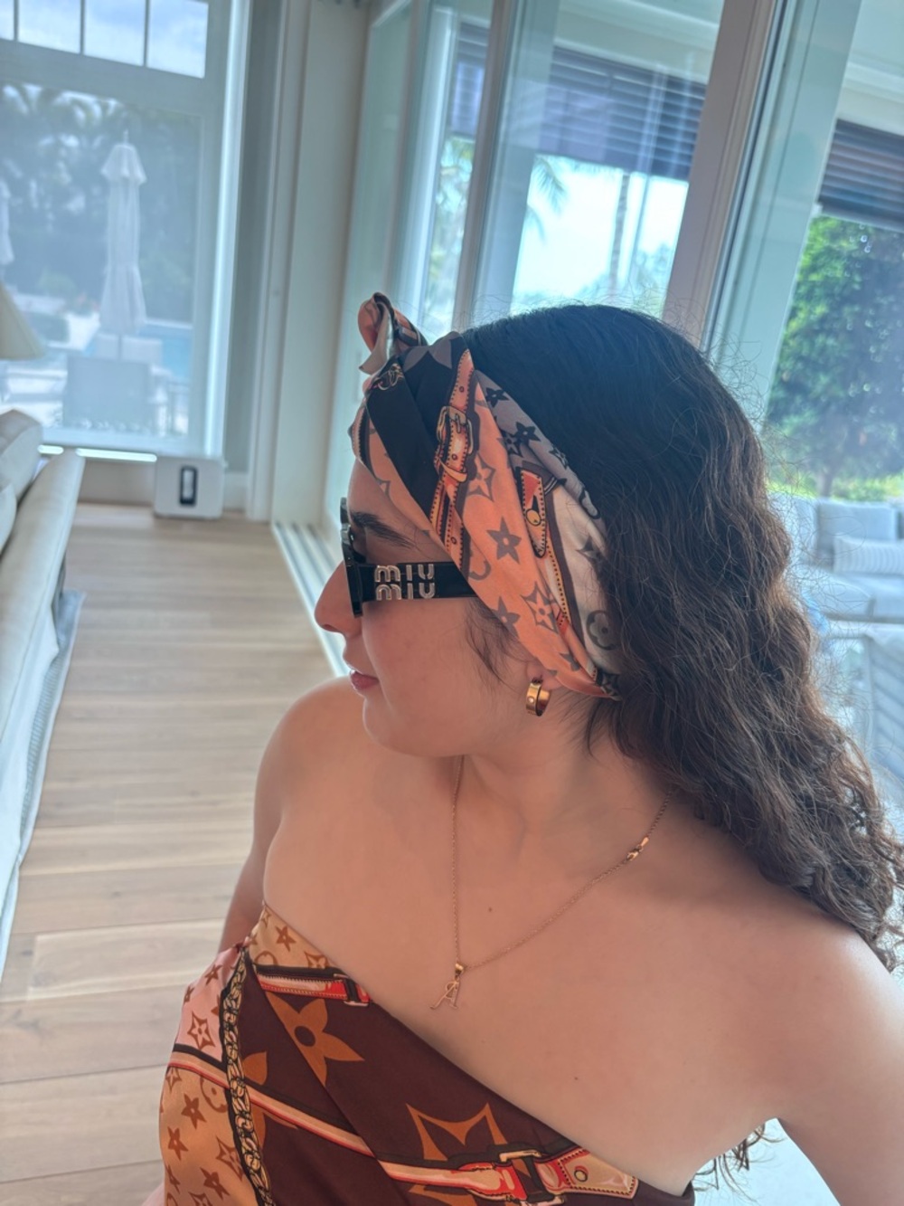 Silk Star-Print Tie-Back Bandana Top in Beige & Orange,black - Picture 7 of 12